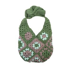 Vintage Handmade Olive Green Granny Square Crochet Knit Crossbody Bag Purse
